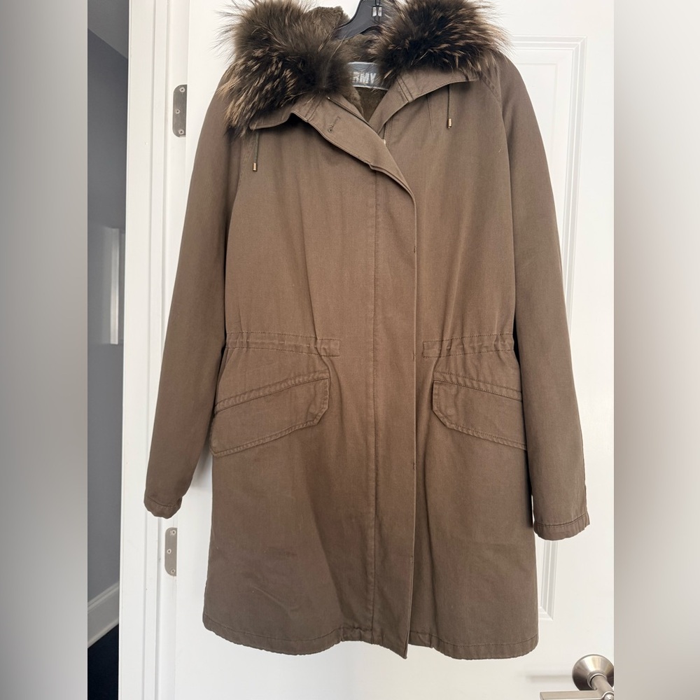 Yves Salomon khaki green para with rabbit and raccoon fur